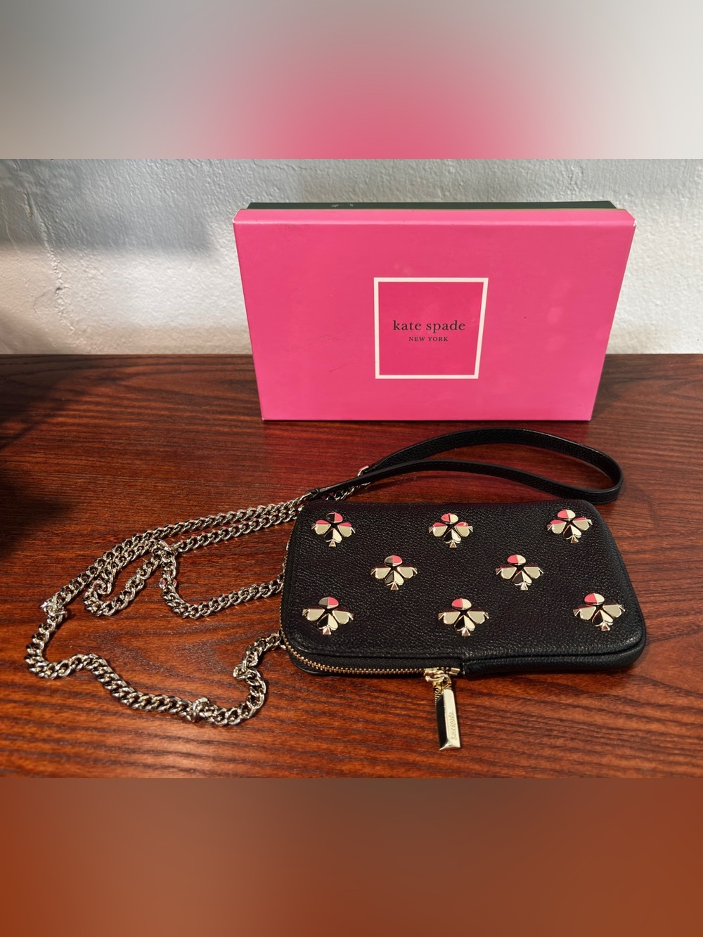 kate spade Black Leather Crossbody Wallet with Pink & Gold Floral Studs